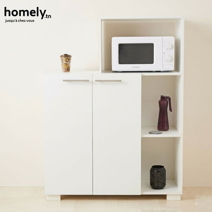 Meuble de Rangement Cuisine OptiFour - Support Four/Micro-Ondes et Buffet Bas avec Portes - Blanc/Beige/Marron