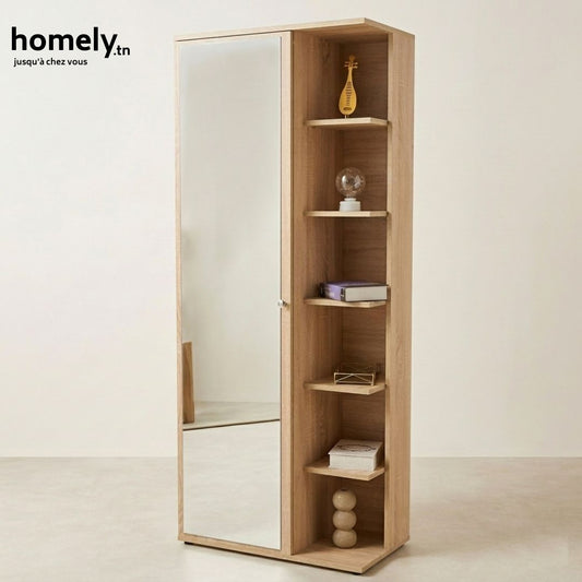 Armoire Multifonctionnelle DUETTO 3-en-1 (Miroir, Rangement, Étagère à Chaussures) - Blanc/Beige/Marron