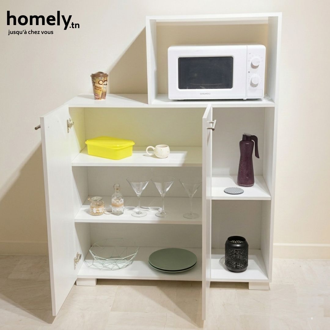 Meuble de Rangement Cuisine OptiFour - Support Four/Micro-Ondes et Buffet Bas avec Portes - Blanc/Beige/Marron