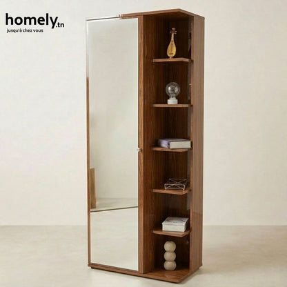 Armoire Multifonctionnelle DUETTO 3-en-1 (Miroir, Rangement, Étagère à Chaussures) - Blanc/Beige/Marron