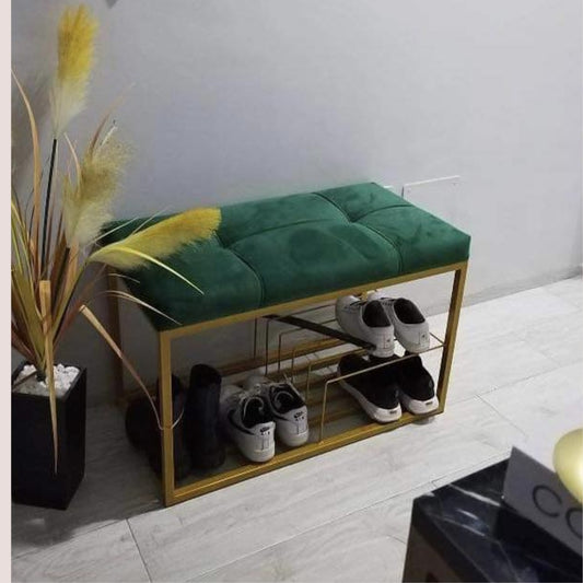 Banc Rangement Chaussures Diamant - Tissu Velours au Choix | Métal Doré/Noir