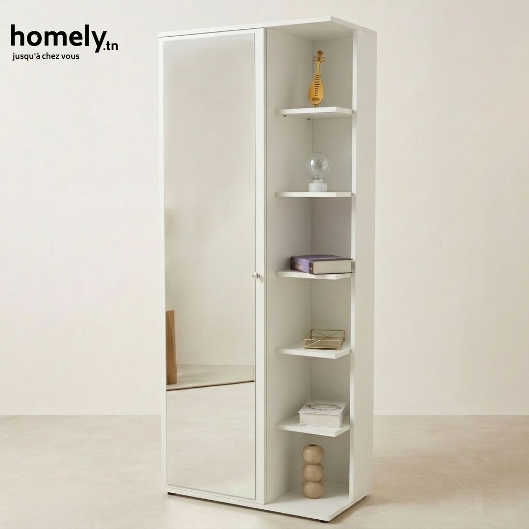 Armoire Multifonctionnelle DUETTO 3-en-1 (Miroir, Rangement, Étagère à Chaussures) - Blanc/Beige/Marron
