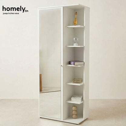 Armoire Multifonctionnelle DUETTO 3-en-1 (Miroir, Rangement, Étagère à Chaussures) - Blanc/Beige/Marron