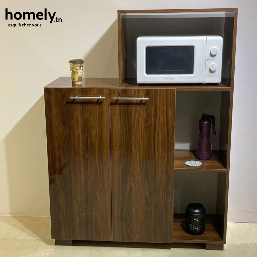 Meuble de Rangement Cuisine OptiFour - Support Four/Micro-Ondes et Buffet Bas avec Portes - Blanc/Beige/Marron
