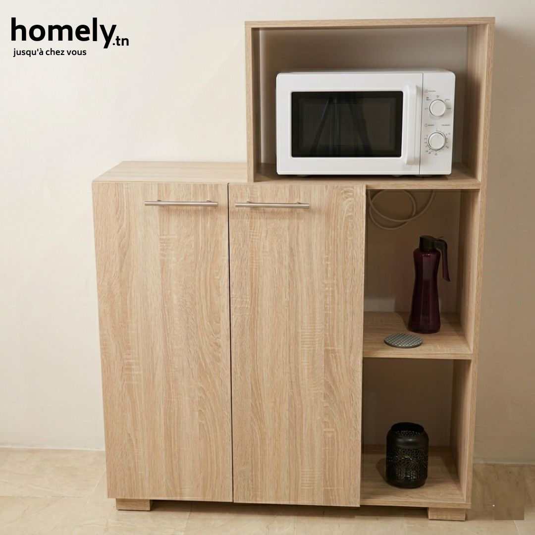 Meuble de Rangement Cuisine OptiFour - Support Four/Micro-Ondes et Buffet Bas avec Portes - Blanc/Beige/Marron