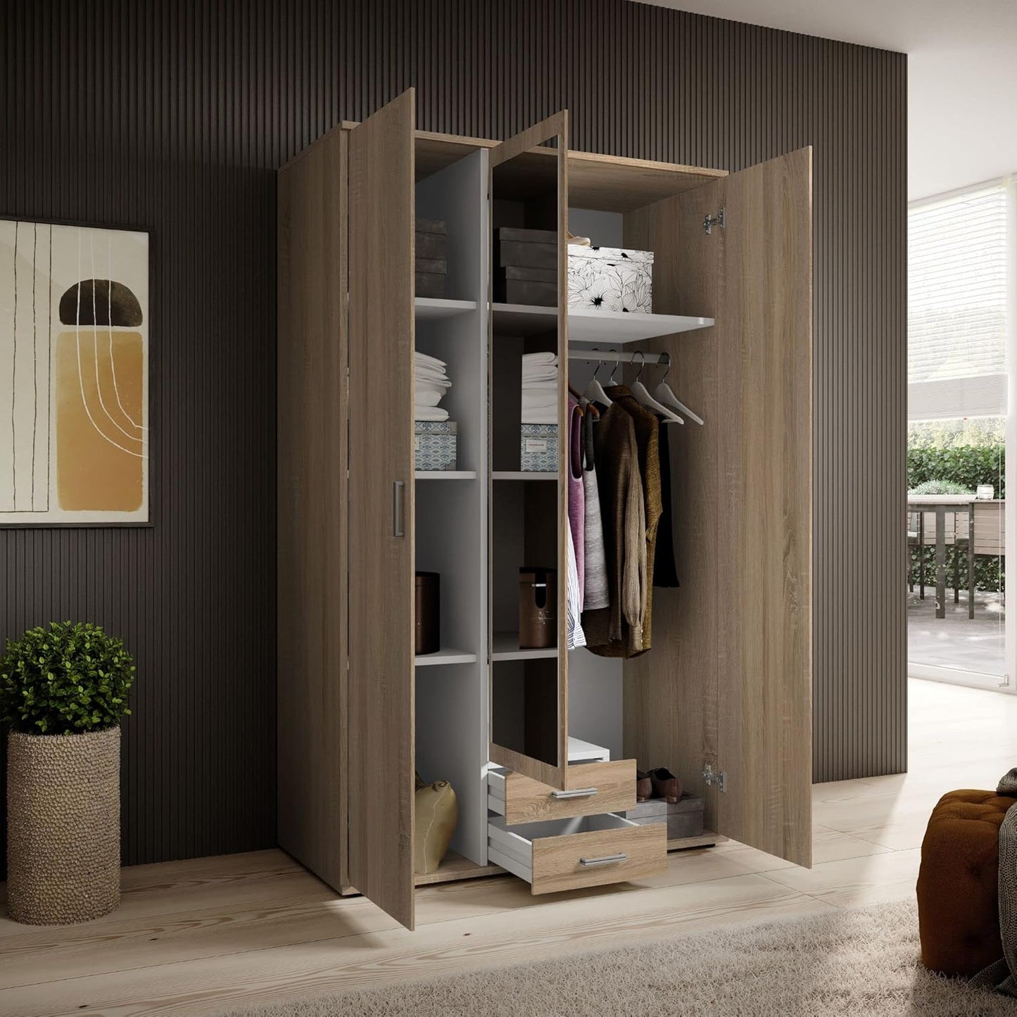 Armoire 3 portes Stella avec miroir et 2 tiroirs
