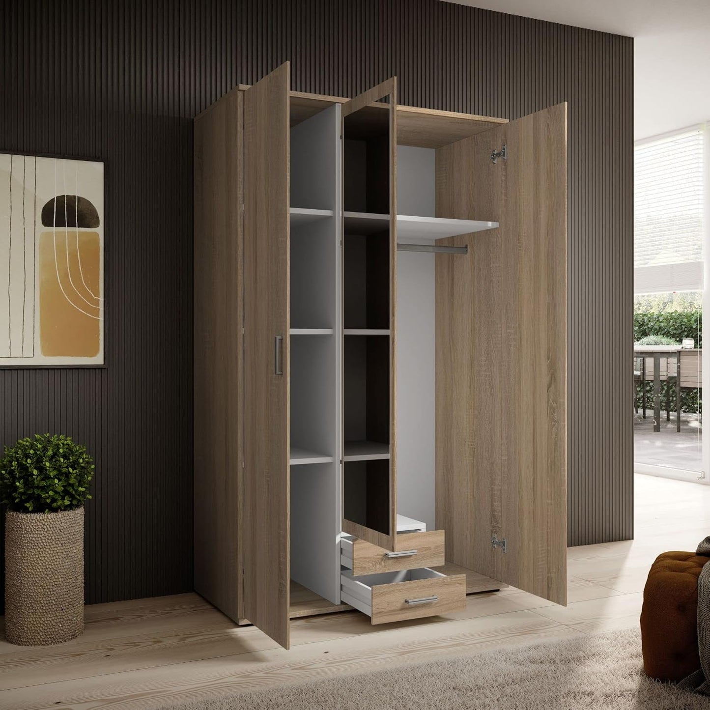 Armoire 3 portes Stella avec miroir et 2 tiroirs