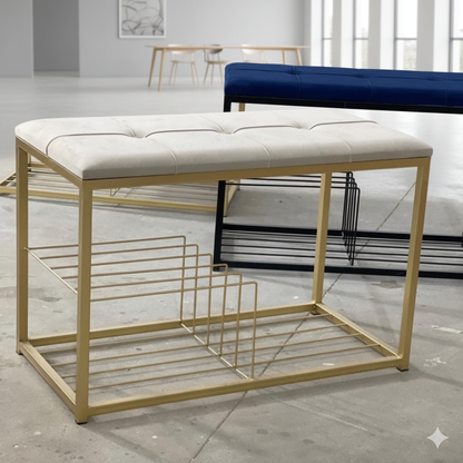 Banc Rangement Chaussures Diamant - Tissu Velours au Choix | Métal Doré/Noir