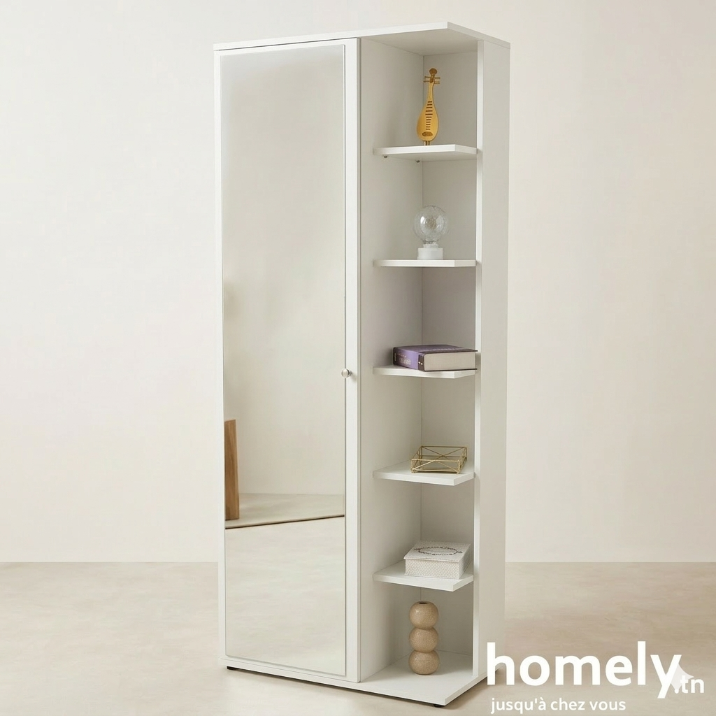 Armoire Multifonctionnelle DUETTO 3-en-1 (Miroir, Rangement, Étagère à Chaussures) - Blanc/Beige/Marron