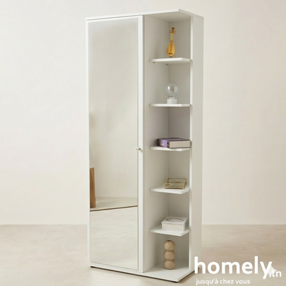 Armoire Multifonctionnelle DUETTO 3-en-1 (Miroir, Rangement, Étagère à Chaussures) - Blanc/Beige/Marron