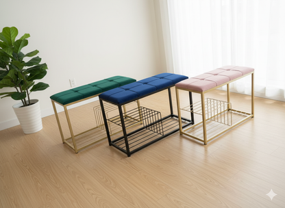 Banc Rangement Chaussures Diamant - Tissu Velours au Choix | Métal Doré/Noir